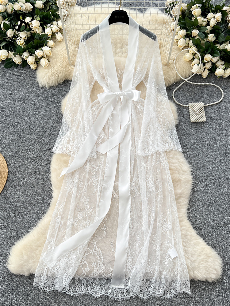 Lace Up Solid Long Sleeve Robes, Elegant Sheer Cardigan Long Robes Female, Fashion Women Transparent Lace Sensual Robes