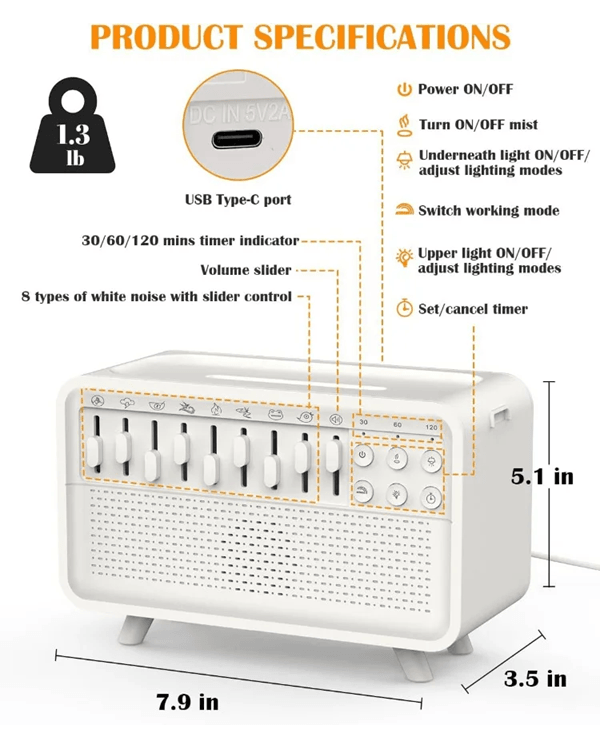 Bluetooth White Noise Machine with Aroma Diffuser Humidifier and Night Light