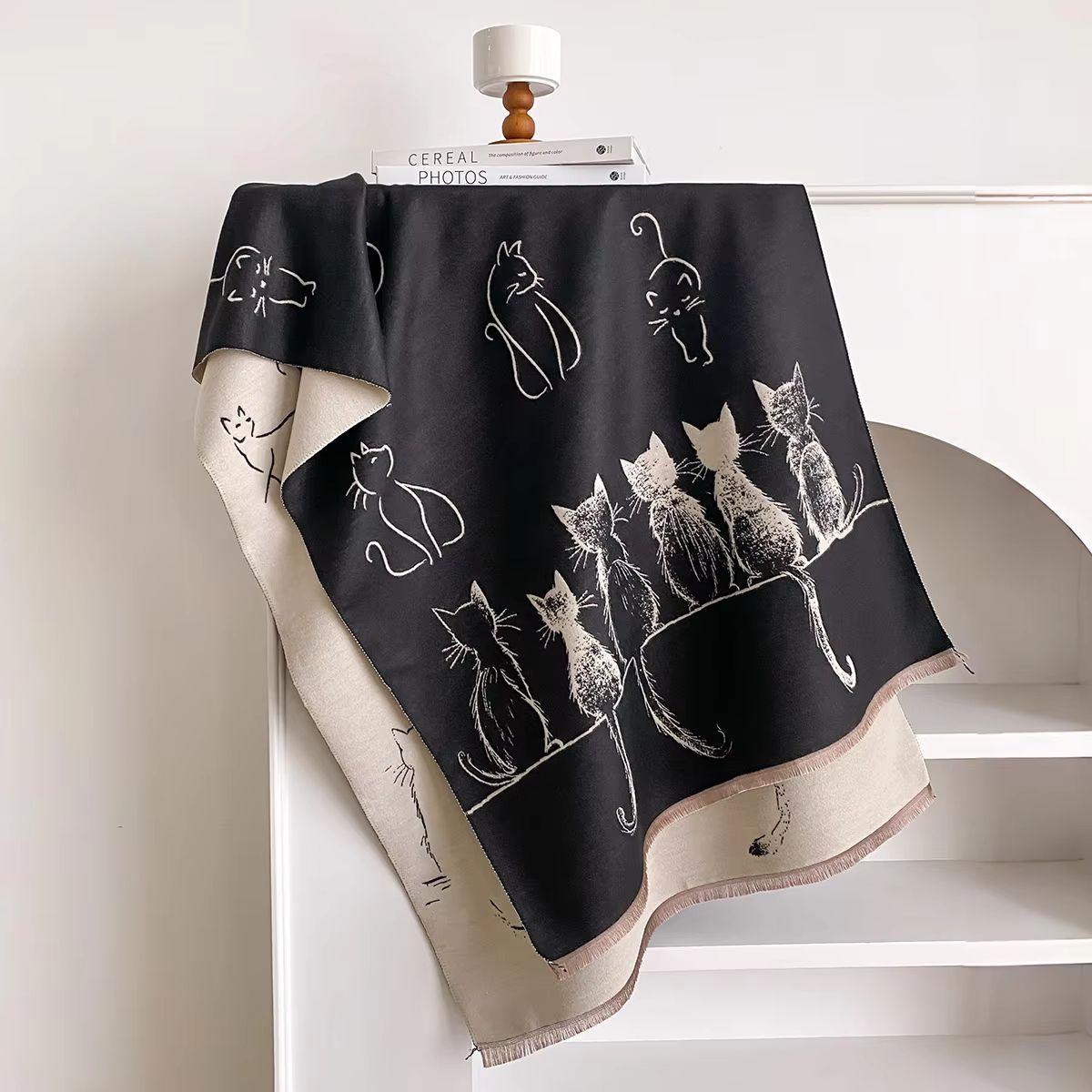 Luxury Winter Cashmere Cat Print Scarf for Women – Warm Pashmina Shawl Wrap Thick Foulard Bufanda