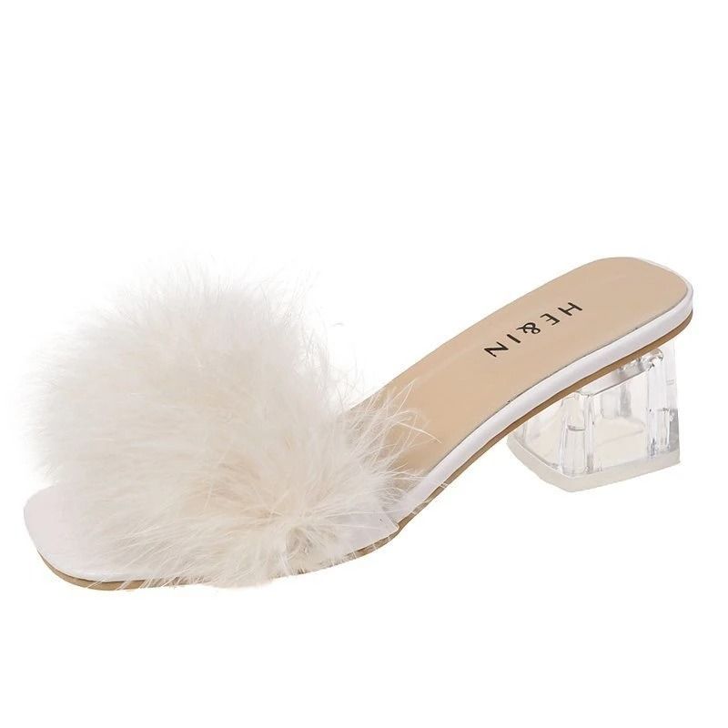 Sexy Faux Fox Fur Square Toe Pumps – Elegant Chunky Heel Summer Slippers