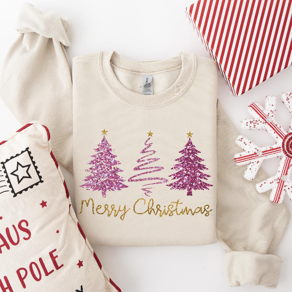 Faux Glitter Merry Christmas Tree Sweatshirt | Pink Sparkly Xmas Crewneck Women Aesthetic Holiday Pullover