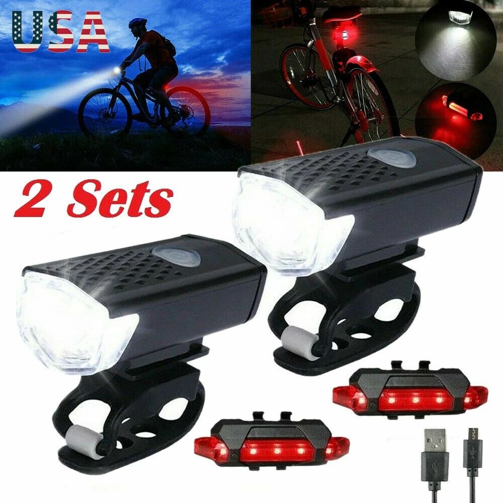 Bicycle Headlight Bike LED, USB Rechargeable Front Rear Lamp, Waterproof Cycling Light