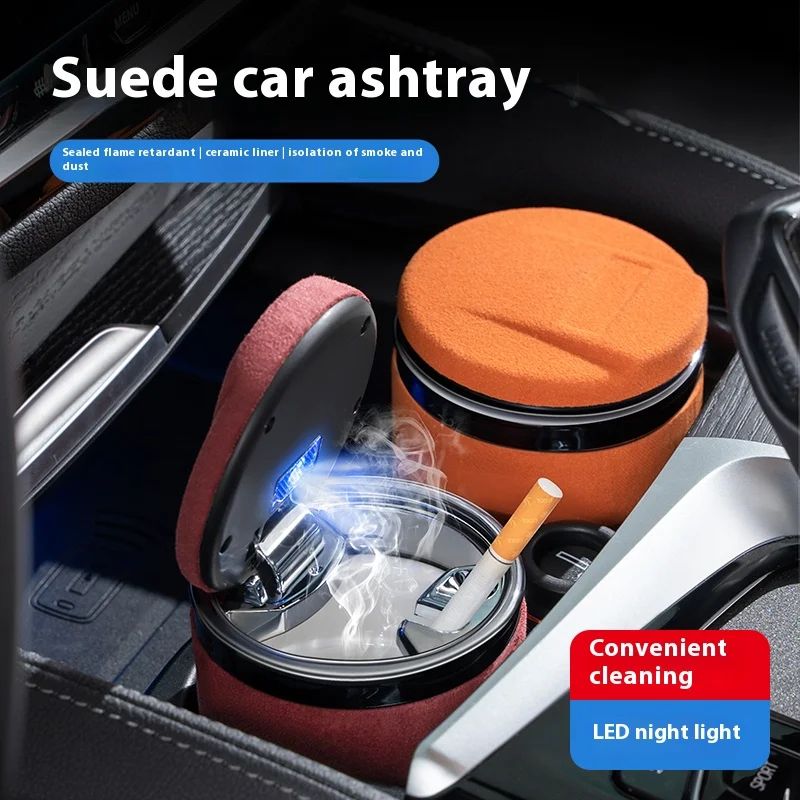 Luxury Suede Leather LED Car Ashtray With Ceramic Liner