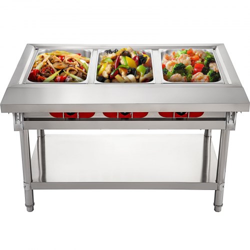 Commercial Electric Food Warmer Pot Steam Table Food Warmer Quart/Pan with Lids, Cutting Board, Stainless Steel Counter