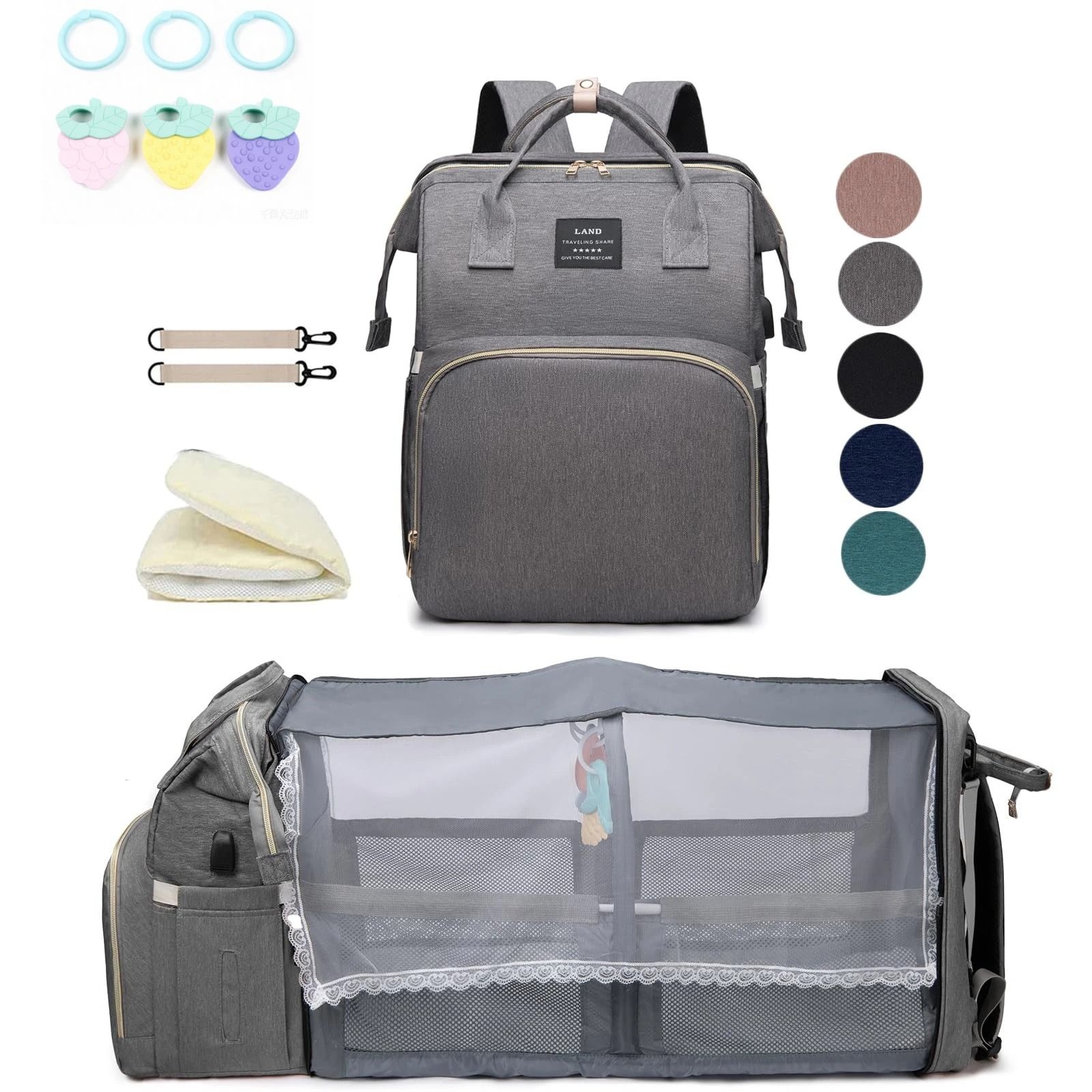 Lightweight Diaper Bag Backpack with Folding Crib Travel Bed