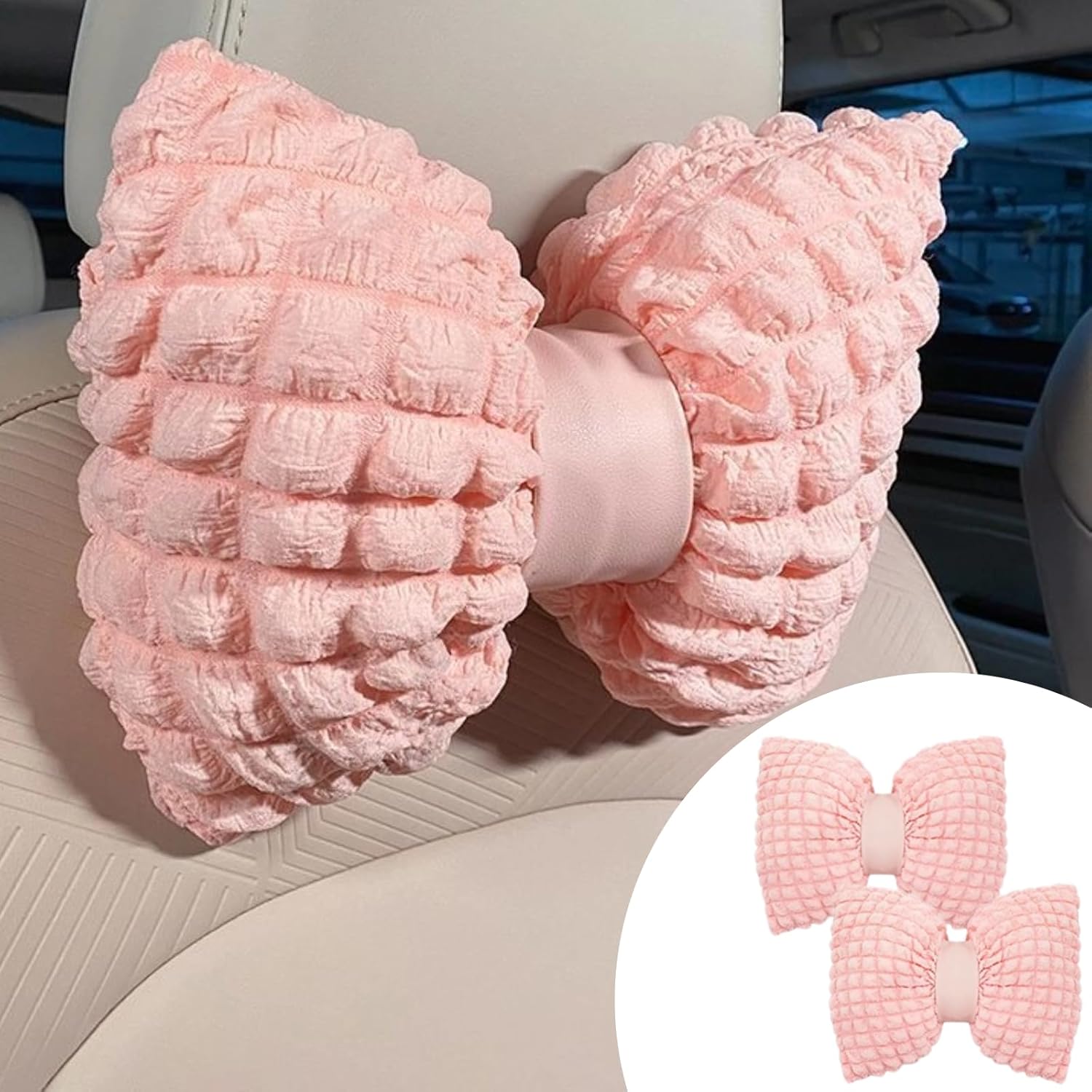 Cartoon Bowknot Car Waist Pillow, Soft Pink Lumbar Support Headrest for Car Interior Decoration
