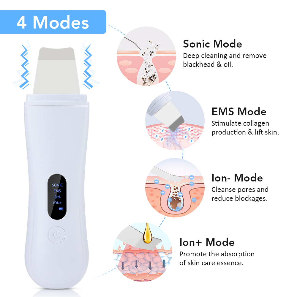 Facial Lifting Ultrasonic Cleaner, Ion Deep Face Cleaning Skin Scrubber, 4 Modes Peeling Skin Care Spatula