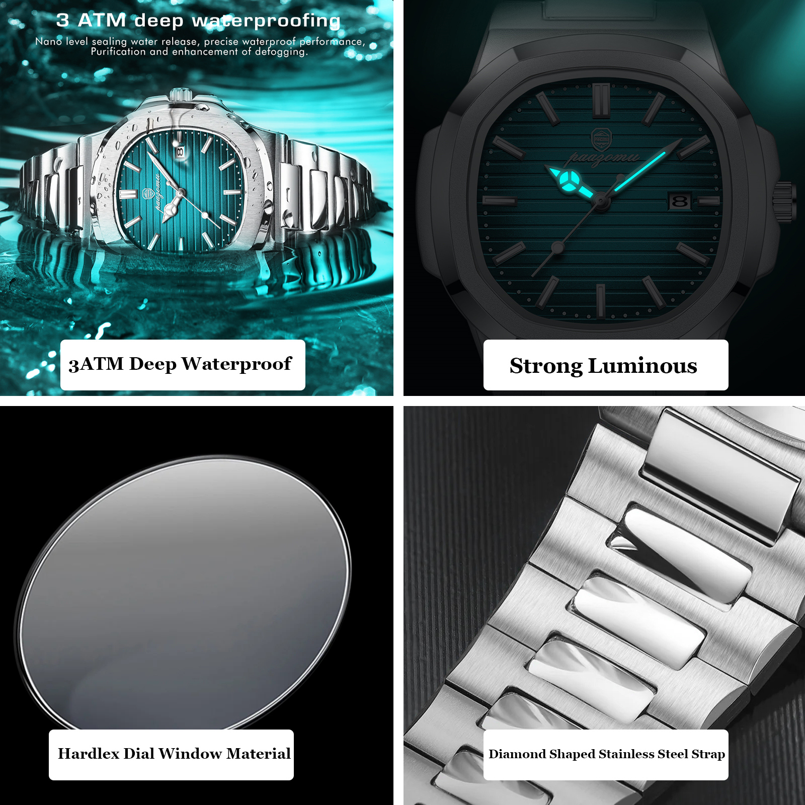 Men Watch Luxury Waterproof, Square Quartz Stainless Steel, Luminous Date Business Male Clock