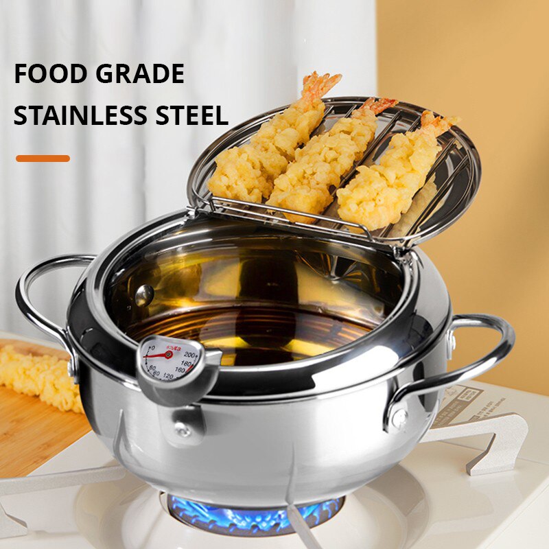 Stainless Steel Oil Pan with Thermometer – Oil-Saving Fryer for Perfect Tempura & French Fries