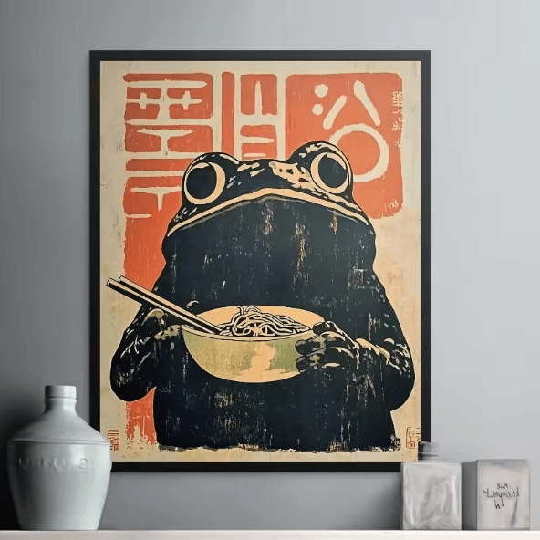 Retro Japanese Frog Ramen Canvas Wall Art – Frameless Art Deco Print for Unique Home Decor