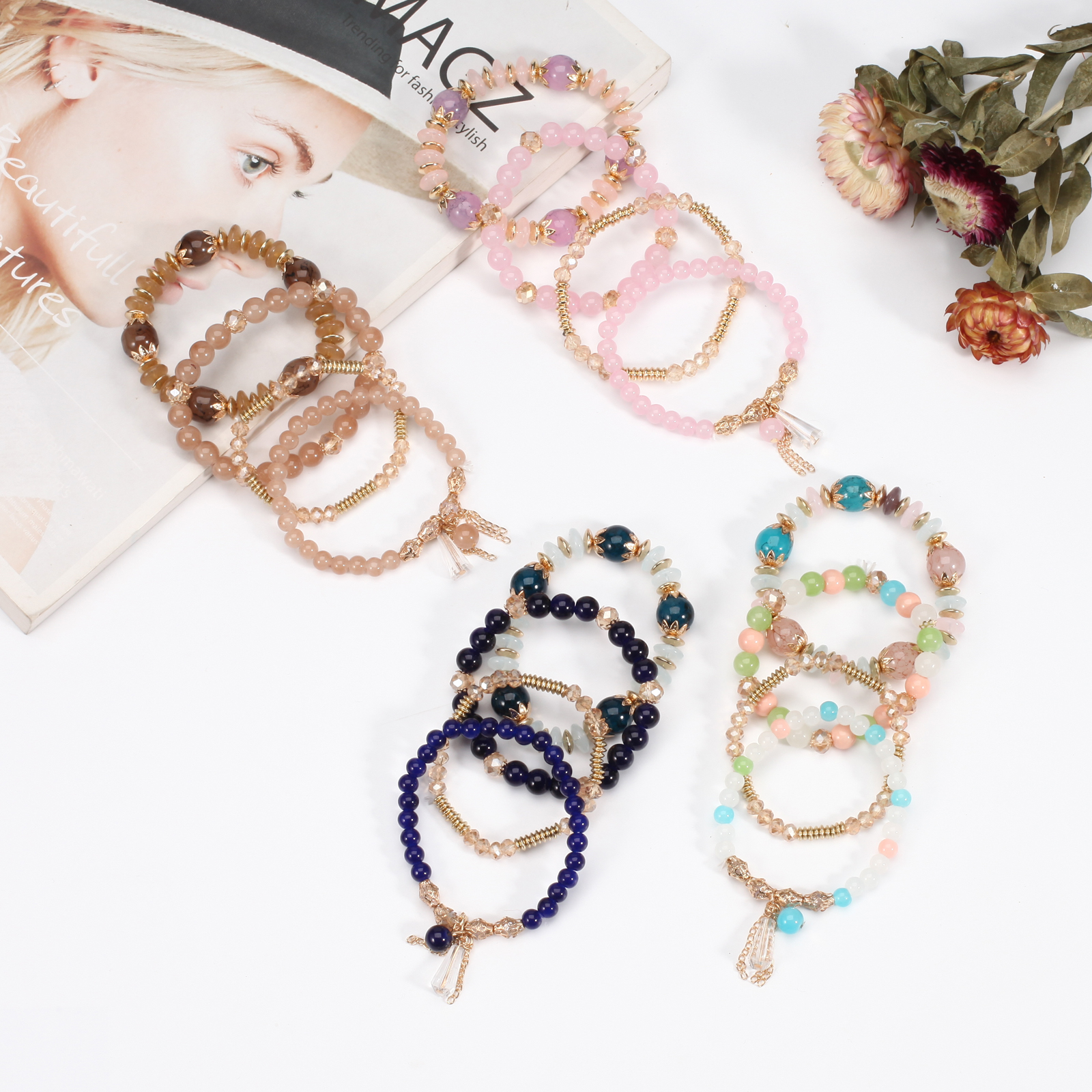 Bohemian Stackable Bracelets for Women – Multilayered Stretch Charm Bracelets with Pendant