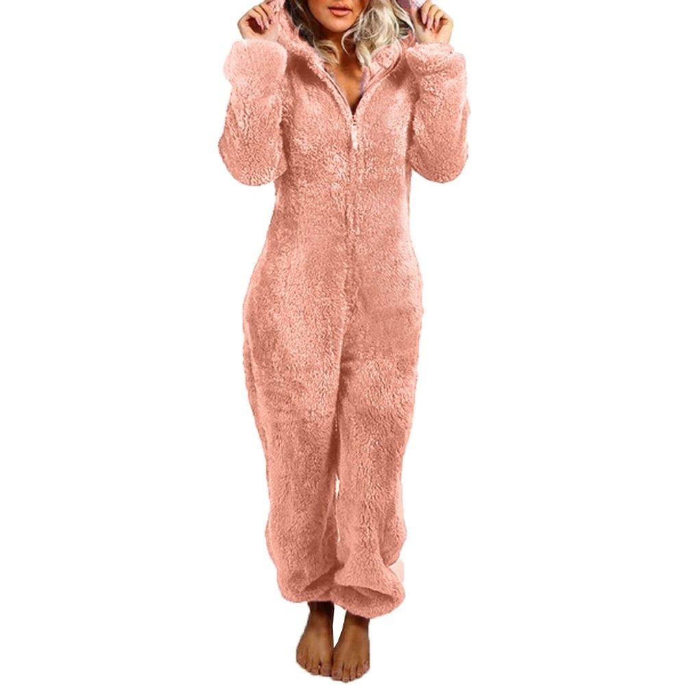 Womens Plush Flannel Pajama Romper Hooded Long Sleeve Winter Sleepwear Onesie