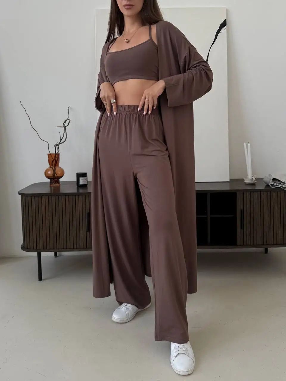 Hirsionsan Women's Modal 3-Piece Lounge Set – Loose Cardigan, Vest & High-Waist Pants Casual Outfit