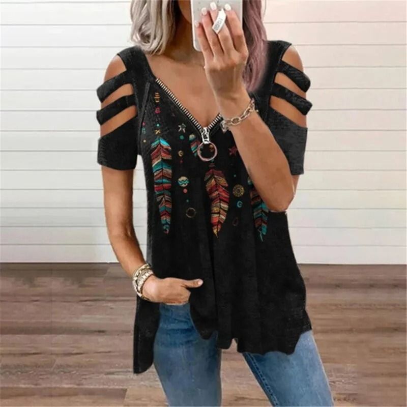 Summer Cold Shoulder Leopard Print Zipper V Neck Loose Casual Blouse