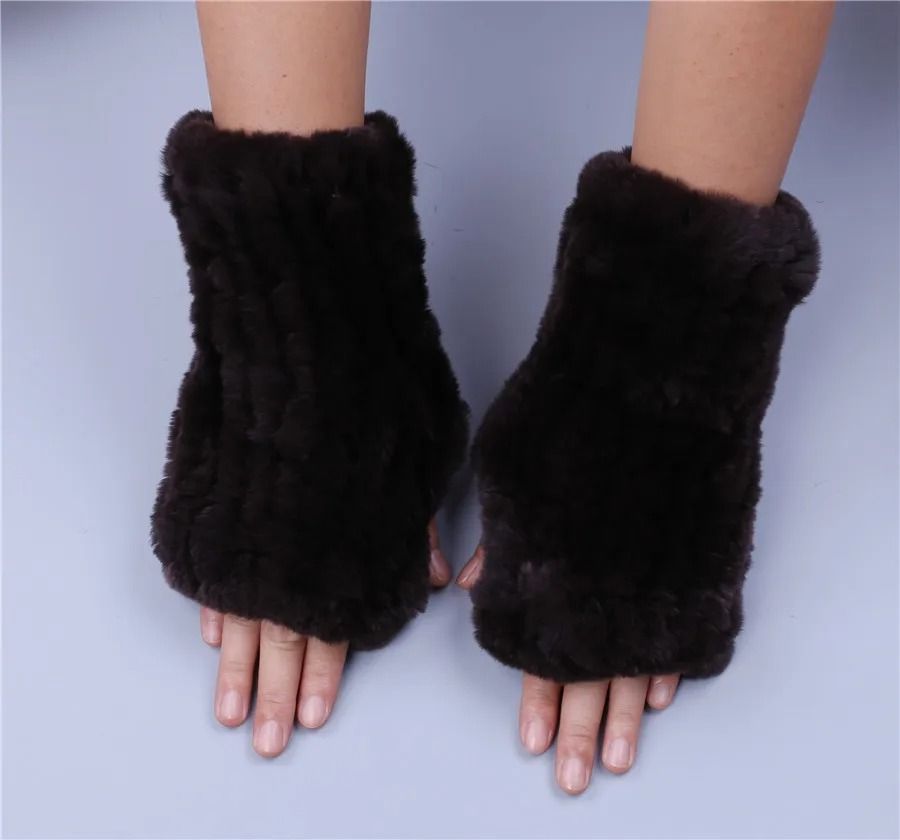 Luxury Rex Rabbit Fur Fingerless Gloves Fluffy Womens Winter Wrist Warmers
