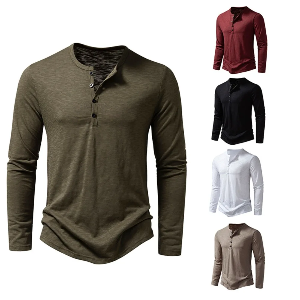 Mens Autumn Cotton Button Long Sleeve Henley Neck T-Shirt, Casual Solid Color Breathable Slim Fashion Versatile