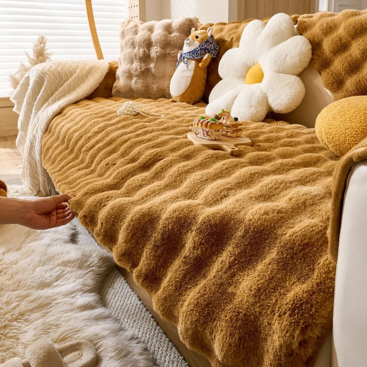 Thick faux rabbit fur sofa slipcover non slip plush couch cushion cover