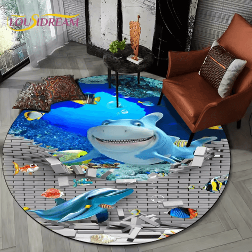 3D Ocean Dolphin Area Rug – Non-Slip Underwater Illusion Round Carpet