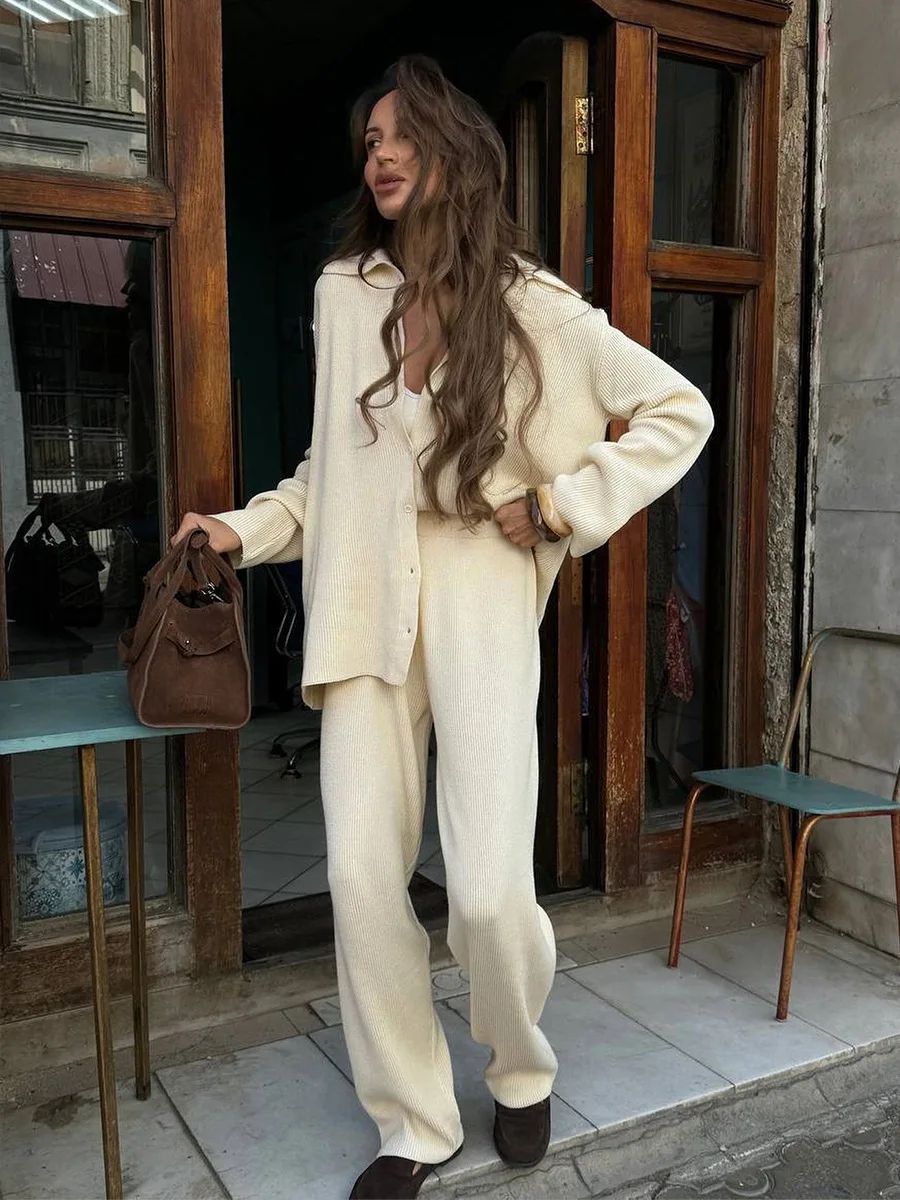 Bornladies Women's Knit Cardigan & Pants Set – Autumn Winter Loose Two-Piece Office Sweater Outfit
