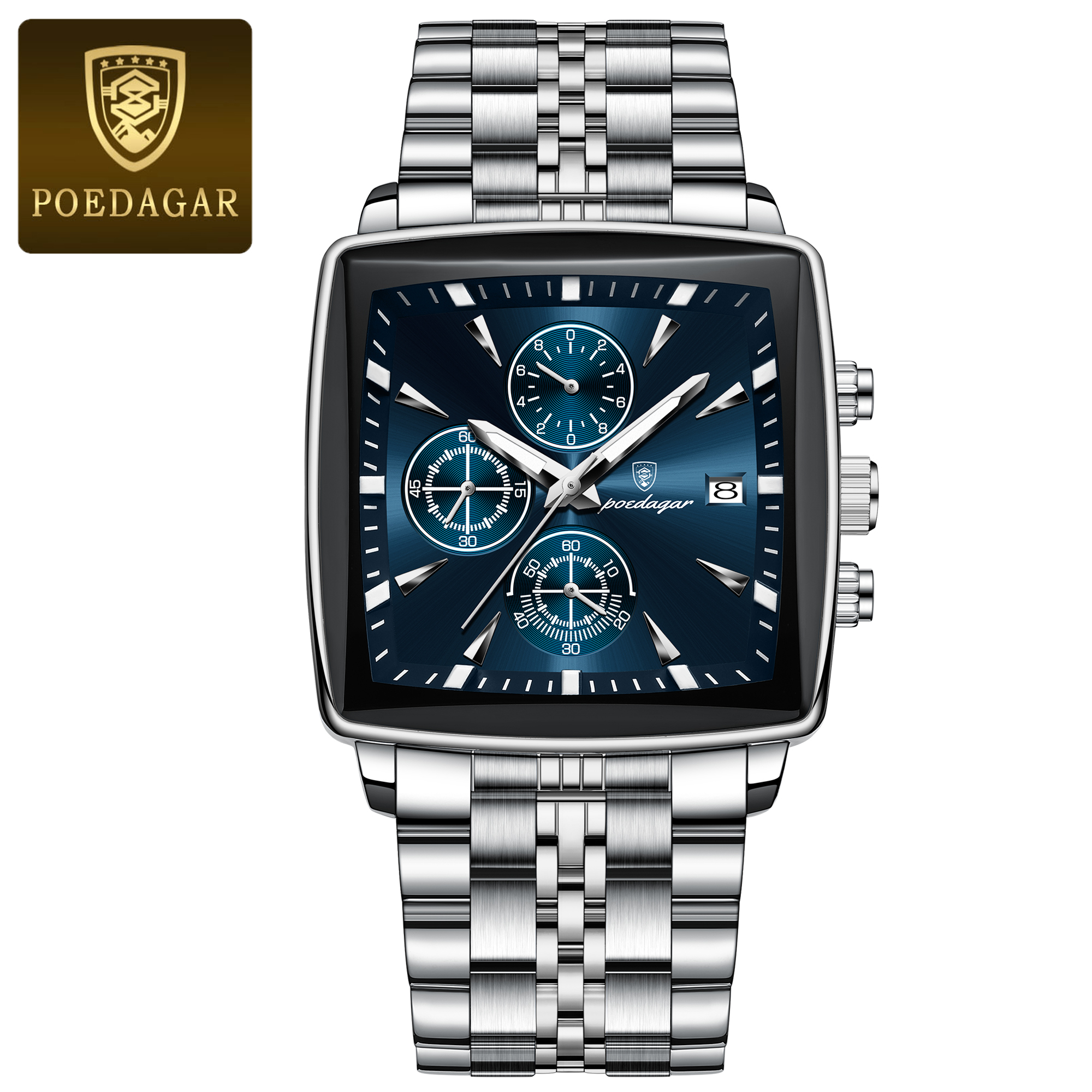 Square Stainless Steel POEDAGAR Fashion Men Watch Quartz Chronograph, Luminous Waterproof Date Wristwatch