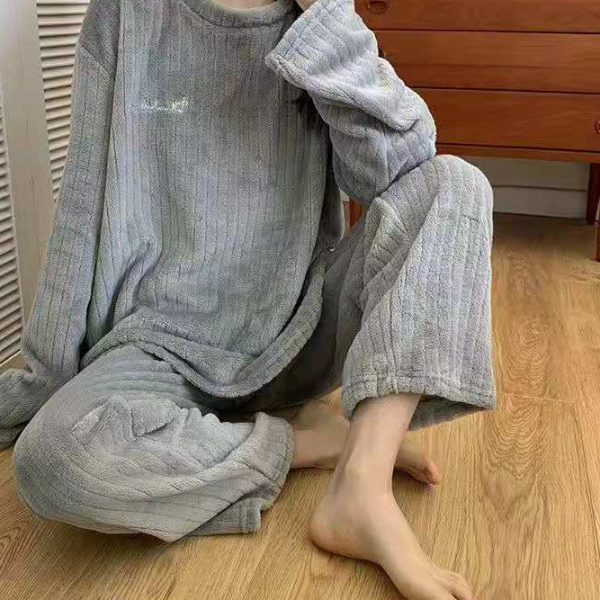 Autumn Women Solid Warm Sets, Thicken Velvet Ribbed Fleece Pullover and Pants, Casual Pajama Sets