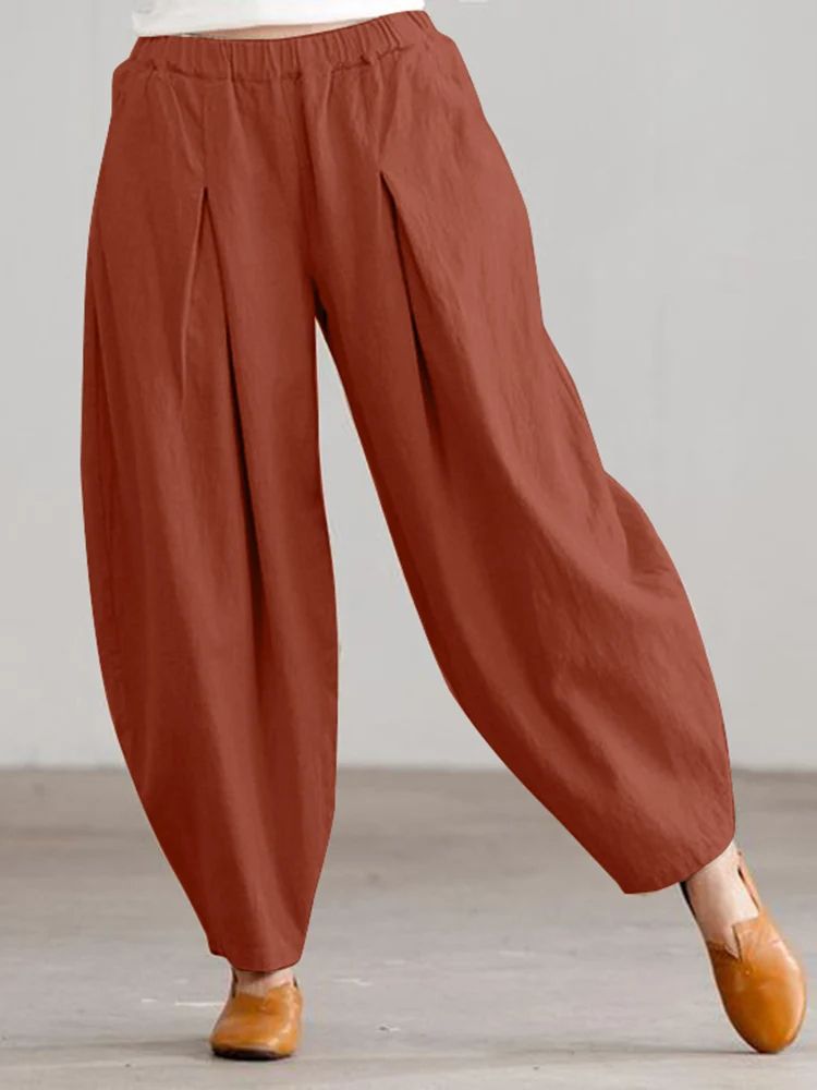 Women Summer Cotton Wide Leg Pants Elastic Waist Loose Casual Trousers