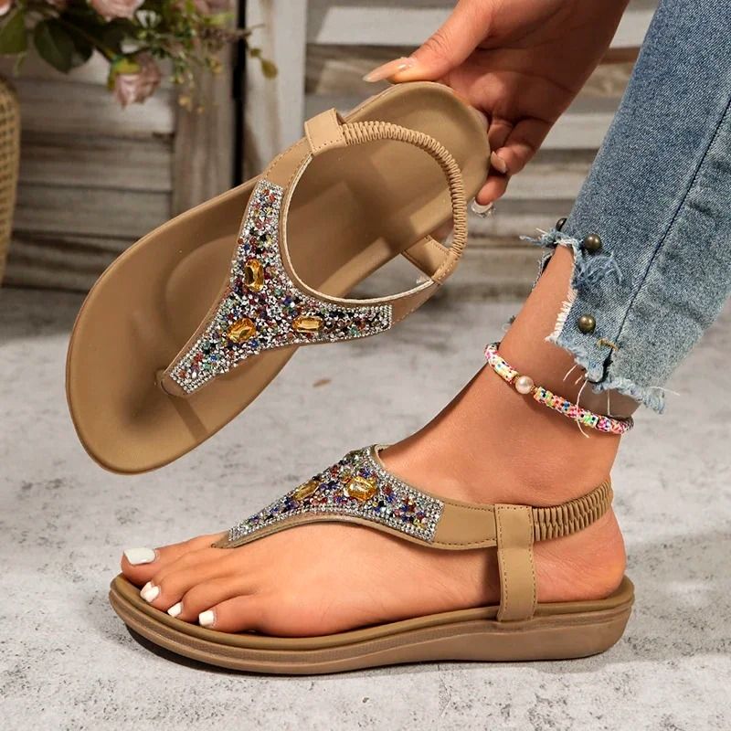 Fashion Rhinestone Bohemian Clip Toe Flats Elastic Band Sandals