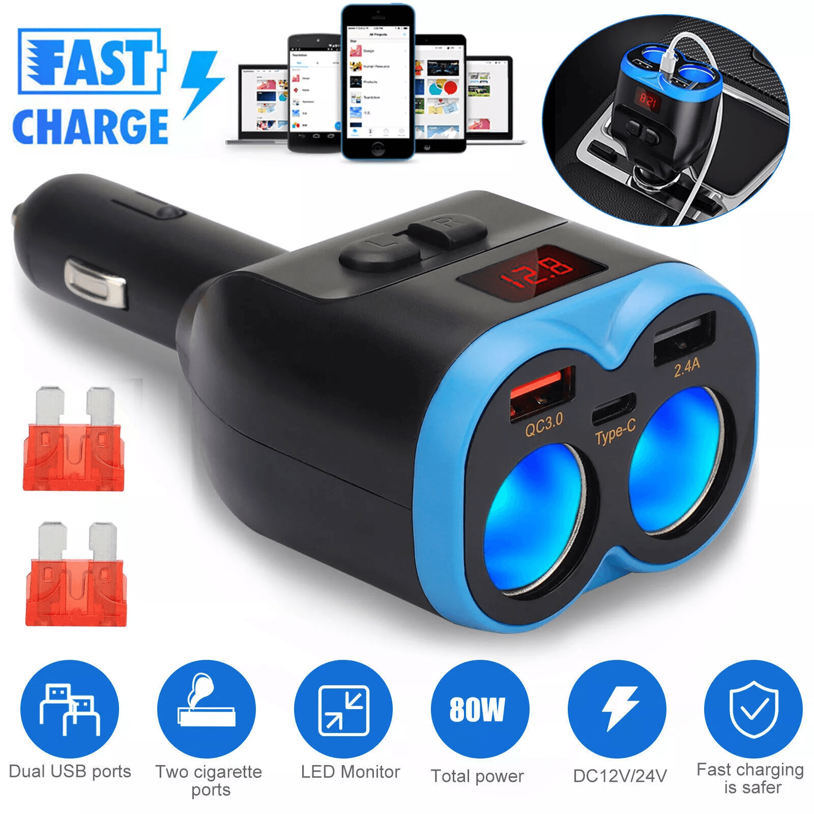 Car Cigarette Lighter Socket Dual USB Charger Adapter with Fast Charging, Type-C Port, Voltage Display On/Off Switch