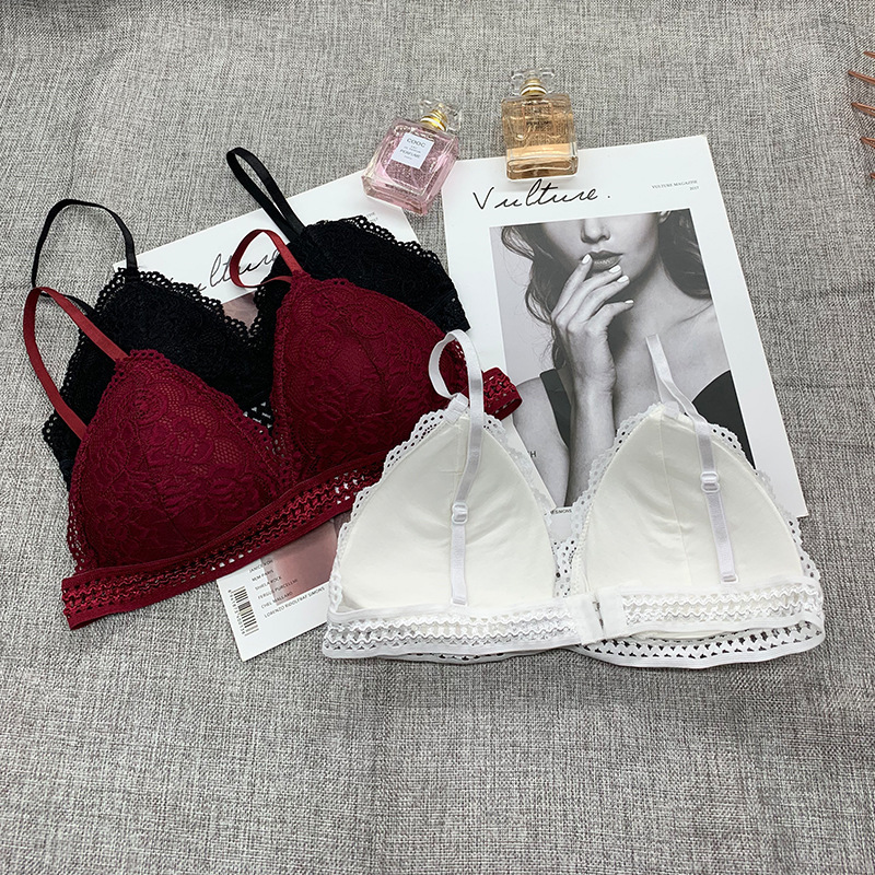 French Lace Women Bralette Soft Deep V Brassiere, No Steel Ring Beauty Back Bra, Girls Triangle Cup Padded Underwear