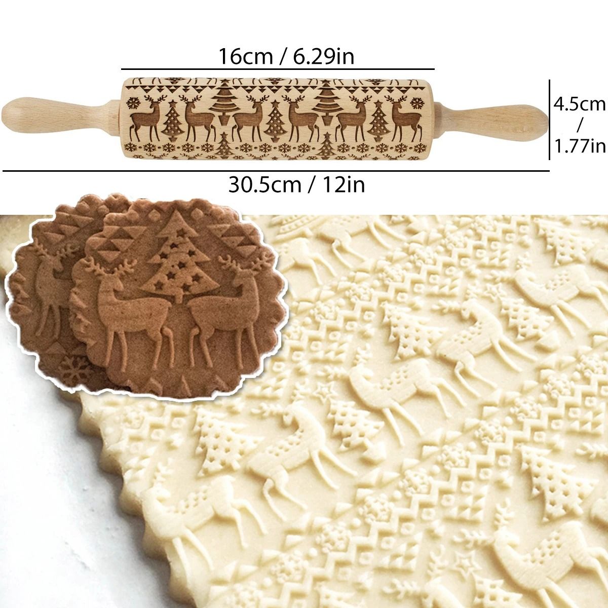 Christmas Wooden Rolling Pin with Reindeer Pattern Embossed Cookie Roller