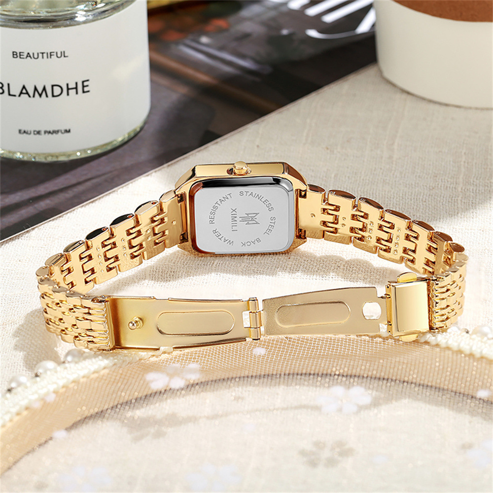 Luxury Ladies Quartz Wristwatches, Women's Fashion Square Watches, Gold Alloy Strap Female Roman Scale Clock