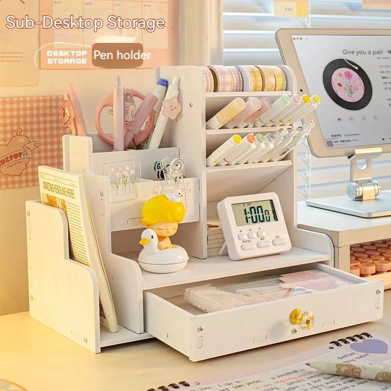 Wooden Desktop Pen And Stationery Organizer with Multi-Shelves