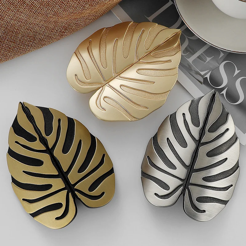Luxury Leaf Cabinet Handles Black Gold Zinc Alloy Drawer Knobs