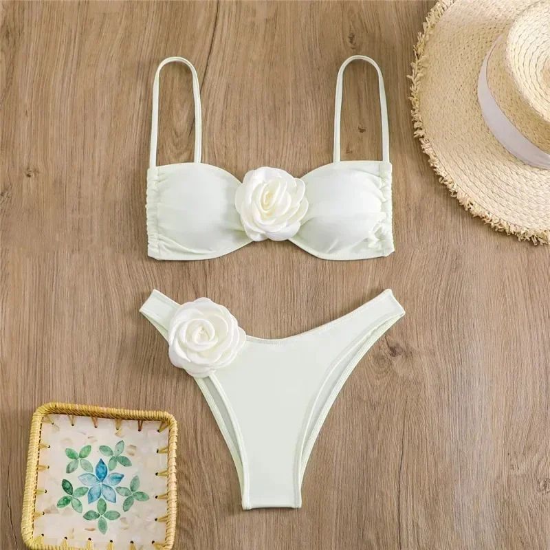 Sexy Floral Bandeau Push-Up Thong Bikini Set Women 2025