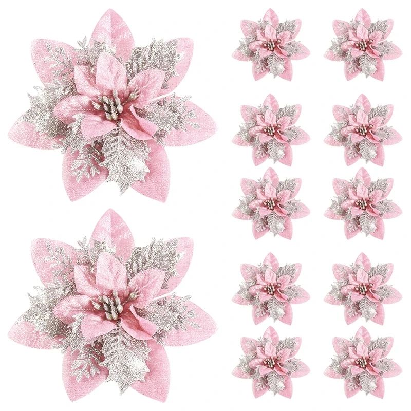Glitter Pink Poinsettia Christmas Tree Flowers Set 5pcs