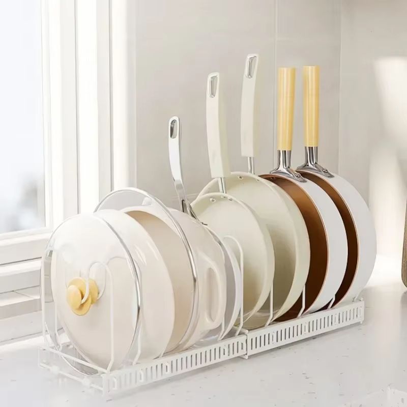 Expandable Multi-Layer Carbon Steel Pot and Pan Organizer Rack for Kitchen Storage