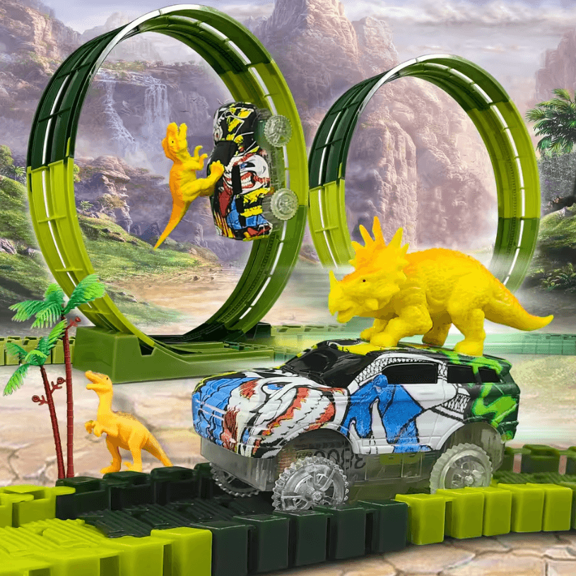 Magic Climbing Electric Dinosaur Car Track Set – Flexible Bend Race Railway with Flashing Light Cars for Kids