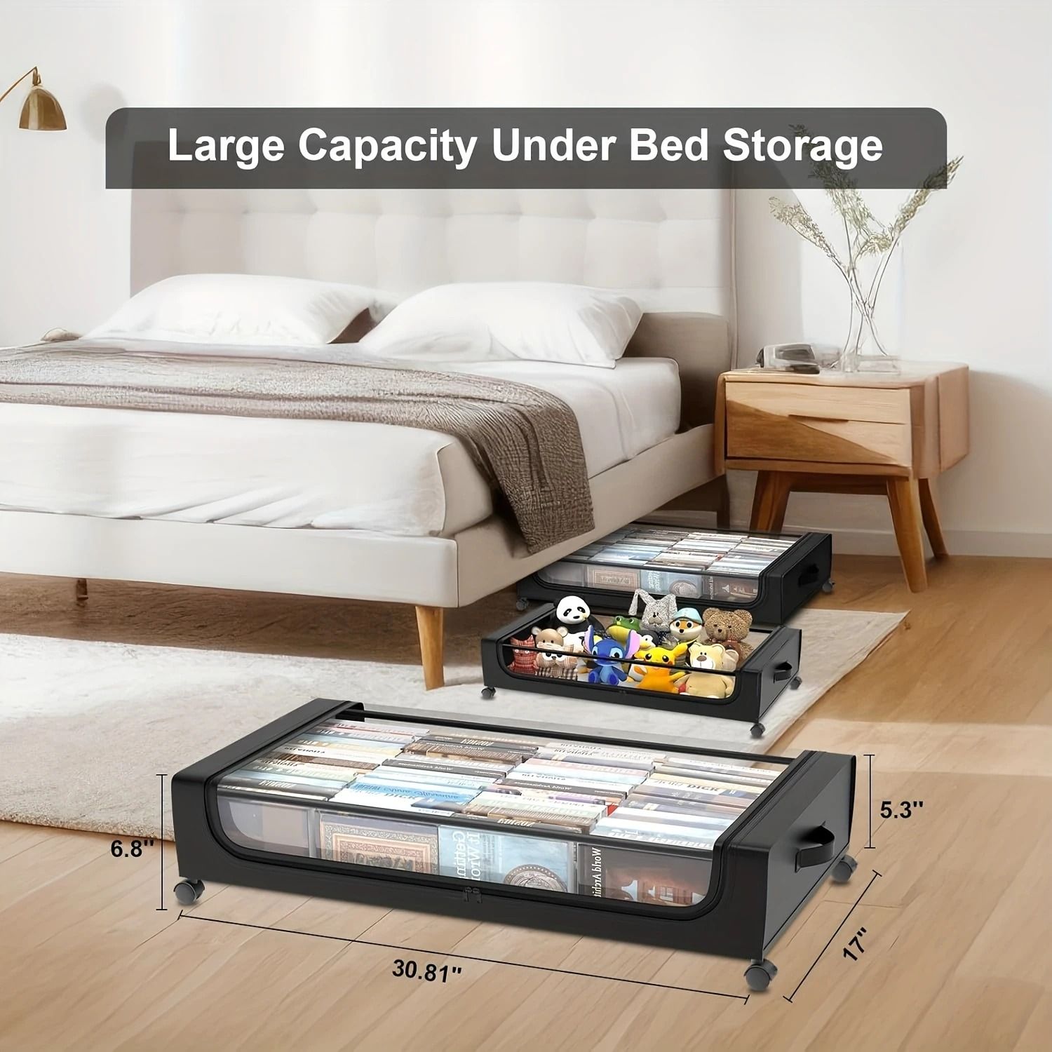 Underbed Storage Container with Lid and Wheels Pull Out Shoe and Clothing Organizer