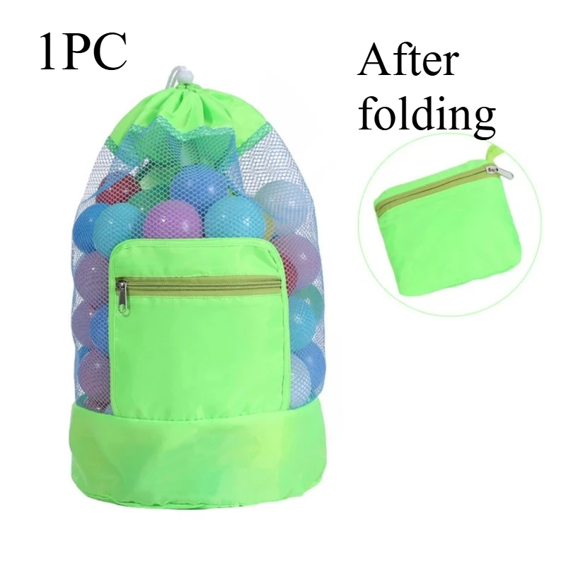 Foldable Mesh Beach Toy Bag Drawstring Backpack with Zipper Pocket