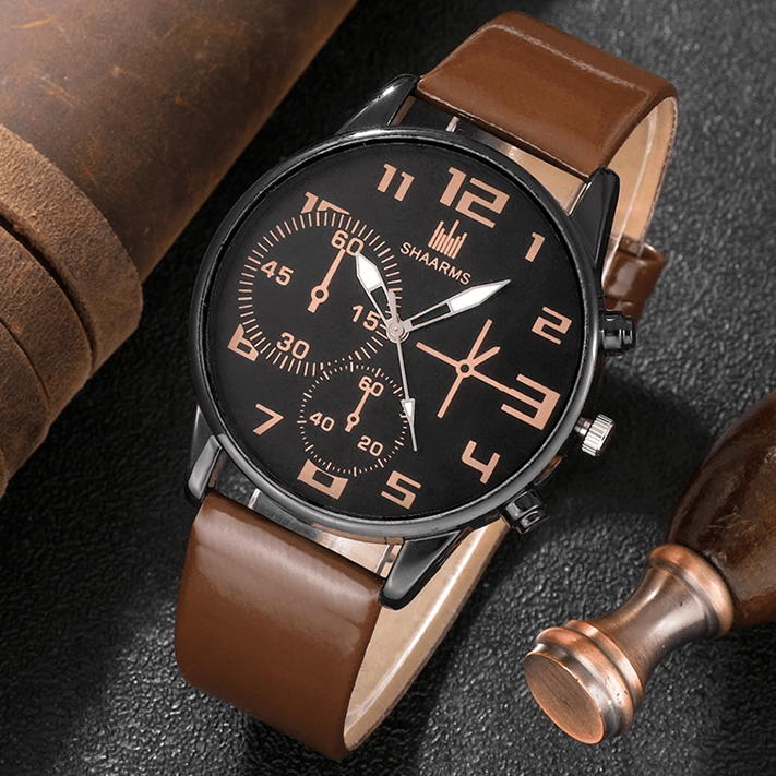 Mens Retro Quartz Watch and Bracelet Set Big Dial Leather Style