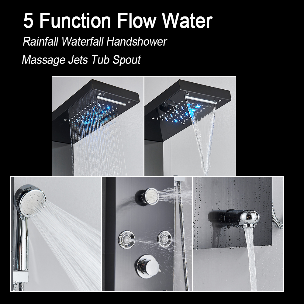 LED Light Shower Panel, Waterfall Rain Digital Display Shower Faucet Set, SPA Massage Jet Bathroom Column Mixer Tap