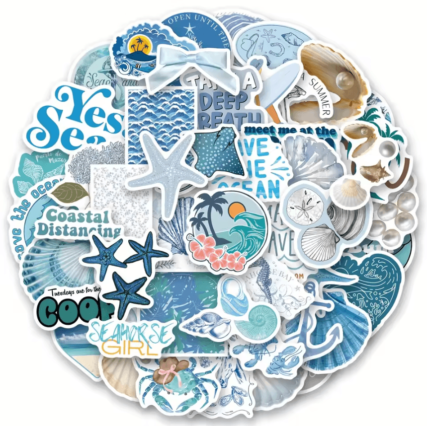 58Pcs Coastal Stickers Pack – Kawaii Cartoon Stickers with Shell & Sea Creature Decals for Skateboard Sticker Set