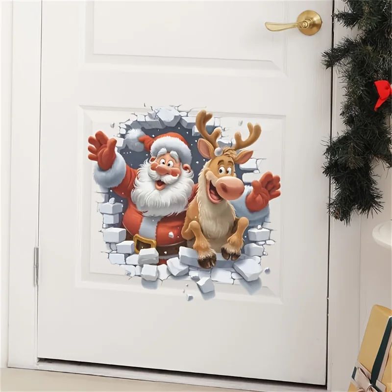 Festive 3D Santa & Rudolf Christmas Wall Stickers – Removable Self-Adhesive Holiday Window & Wall Decals