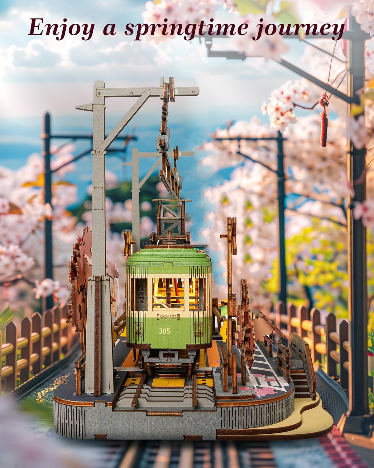 DIY 3D Puzzle Tram Sakura Journey Wooden Craft Kits with LED Light Model Building Toy for Kids Brain Teaser Gift