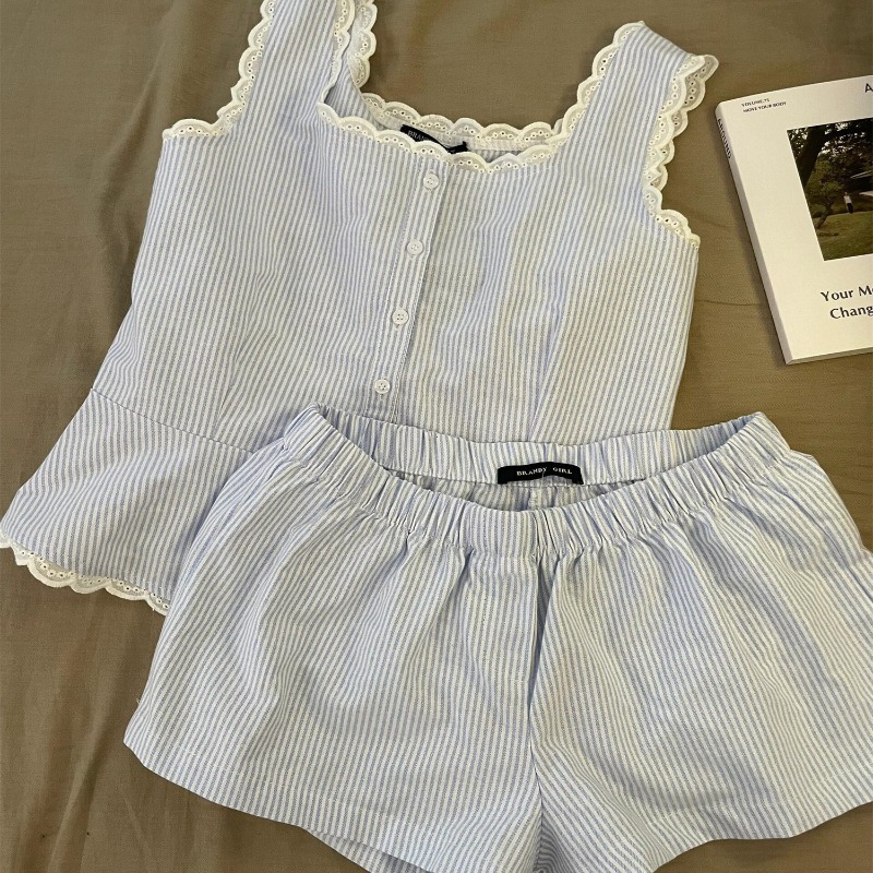 Striped Women Pajamas, Summer Sleeveless Shorts Sets, Lace Night Wears, Tank Korean Sleeping Home Suit, Pieces Summer