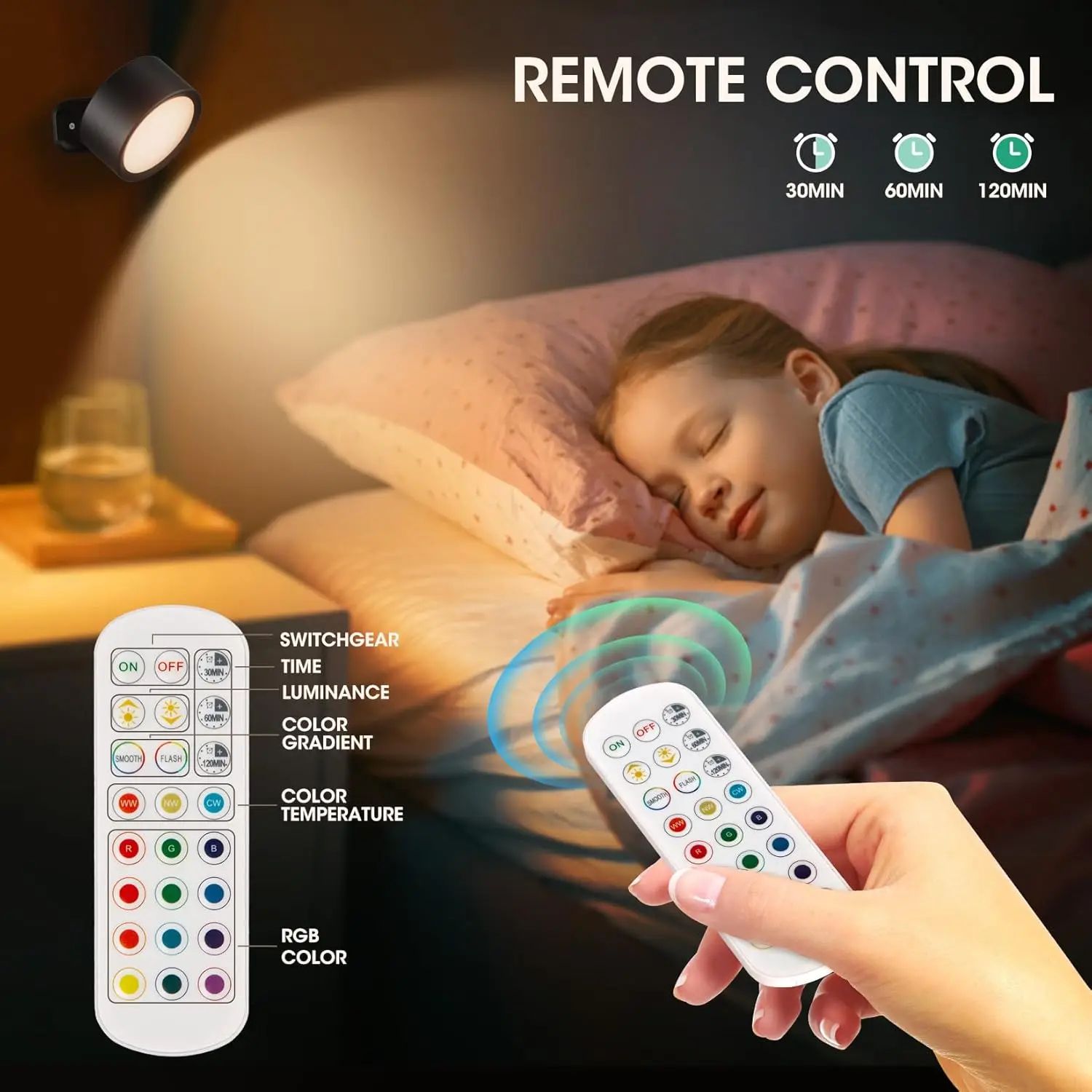 Rechargeable RGB LED Wall Lamp with Remote, Touch Control & Magnetic 360° Rotation Night Light