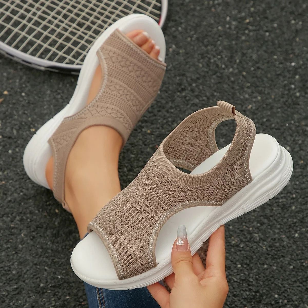 Women Knit Elastic Cloth Wedge Sandals Slip On Lightweight Walking Sandals