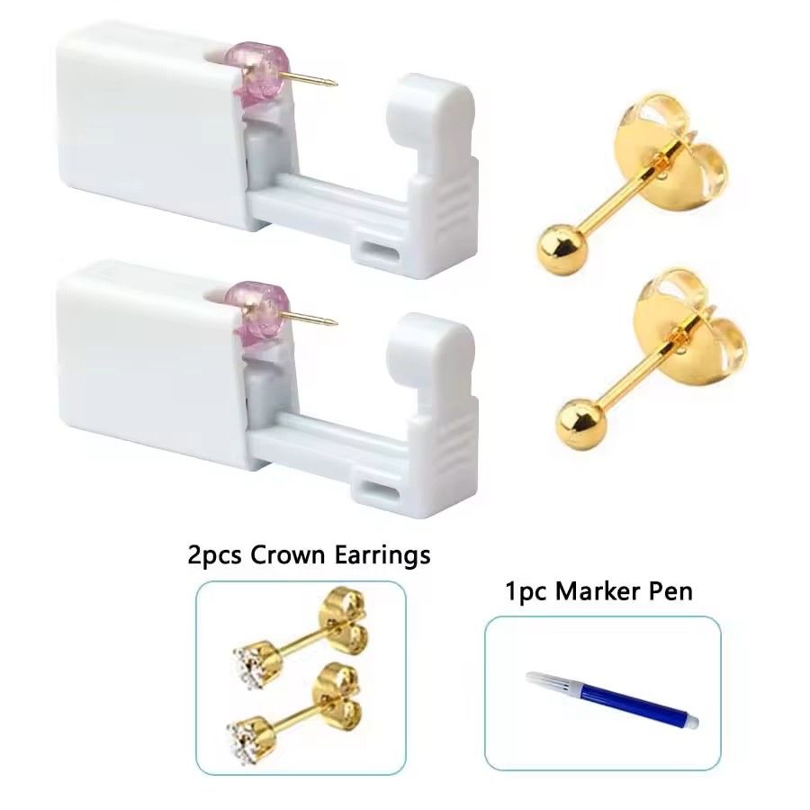 2PCS Disposable Ear Piercing Kit – Built-in Stud Guns + Bonus Cubic Zirconia Earrings | Safe & Easy Home Use Tool