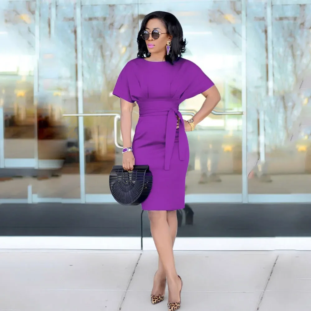 Womens Elegant Pencil Midi Dress, Short Sleeve Cocktail Party Dress with Belt