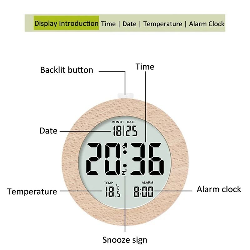 Elegant Wooden Alarm Clock with Backlight, Temperature Date Time Display – Perfect Bedroom Table Clock